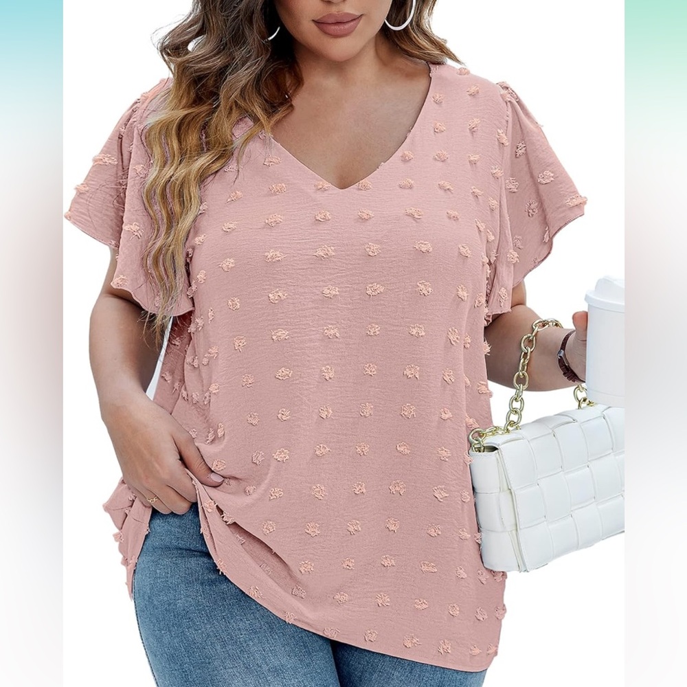 NWT IN’VOLAND Pink Pom-Pom Chiffon Blouse – Plus Size 16, V-Neck, Ruffle Sleeves